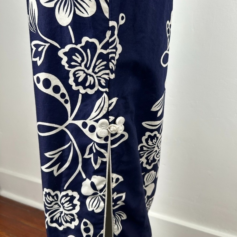 VTG 60Ss 70s Hawaiian Maxi Dress Floral White Navy Blue Side Slits Cotton SZ S - Picture 11 of 16